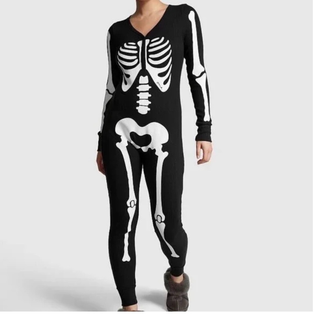 PINK VS skeleton button down Onesie in black and white
